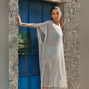 ZARA FRINGED SILVER METALLIC THREAD KAFTAN DRESS size medium